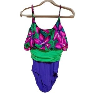 Women's Size 12 Vintage Sirena Tropical Floral One Piece Color Purple Pink Green